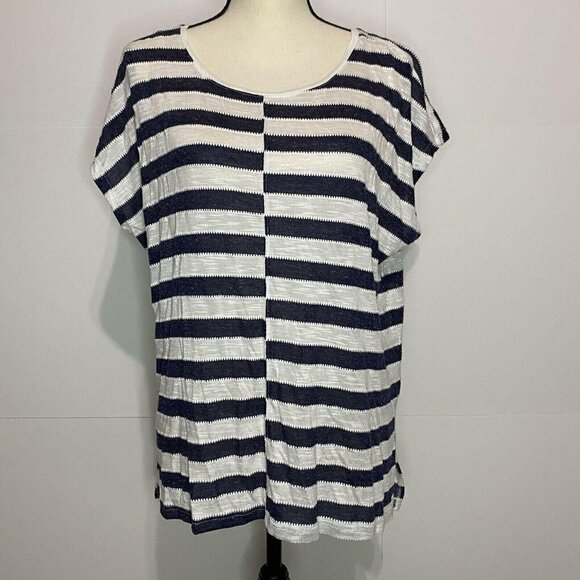 Vince Camuto Sz Medium Semi-Sheer Navy Striped Boxy Top - Picture 1 of 4